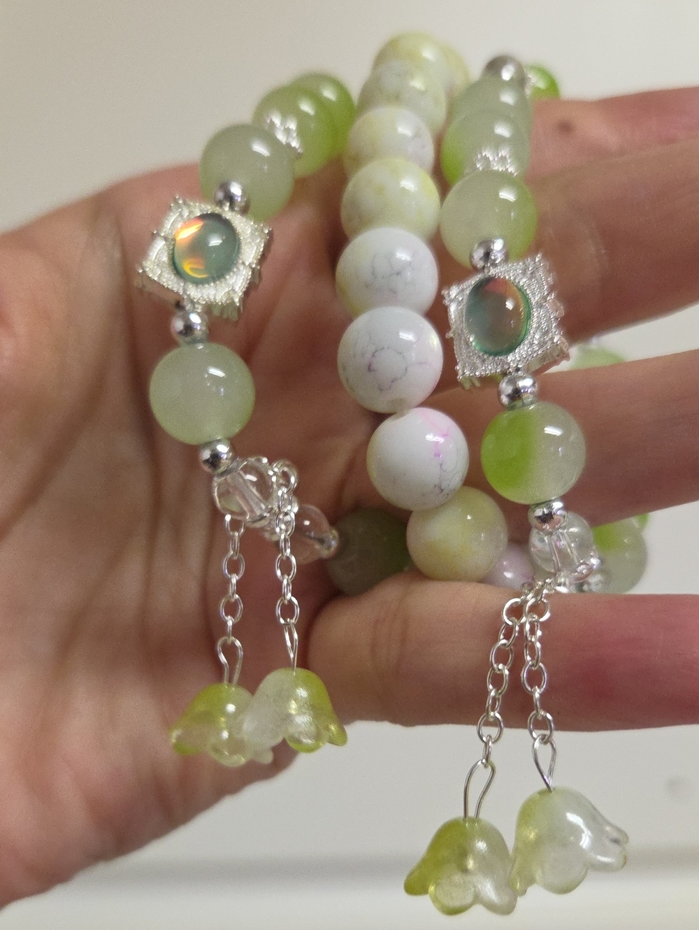 3 Green Beaded Charm Bracelet with Silver Accents
